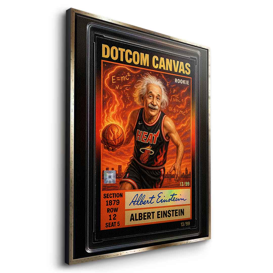DOTCOMCANVAS Albert Einstein Basketball Card Pop Art Wandbild Leinwandbild Seitenansicht mit goldenem Rahmen