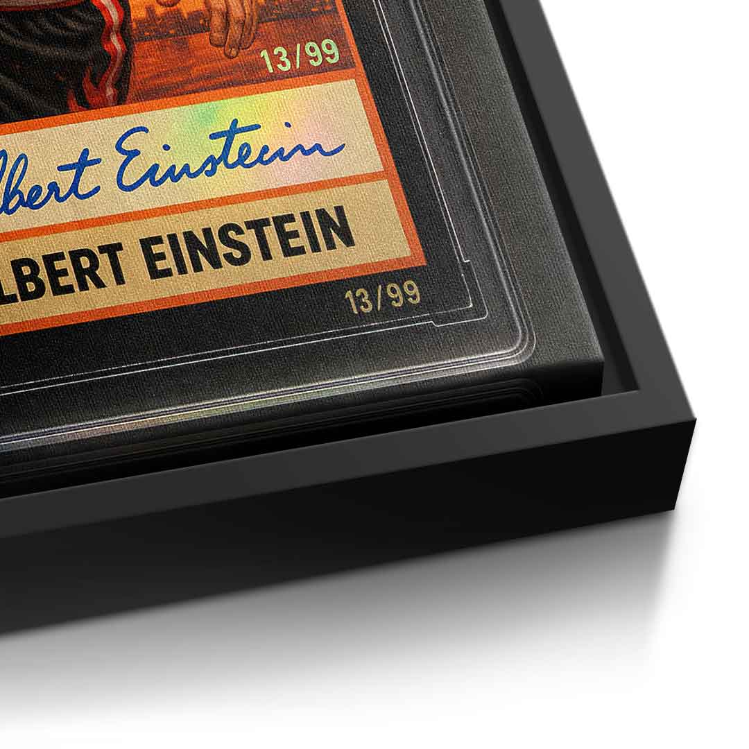 DOTCOMCANVAS Albert Einstein Basketball Card Pop Art Wandbild Leinwandbild Detailansicht schwarzer Rahmen