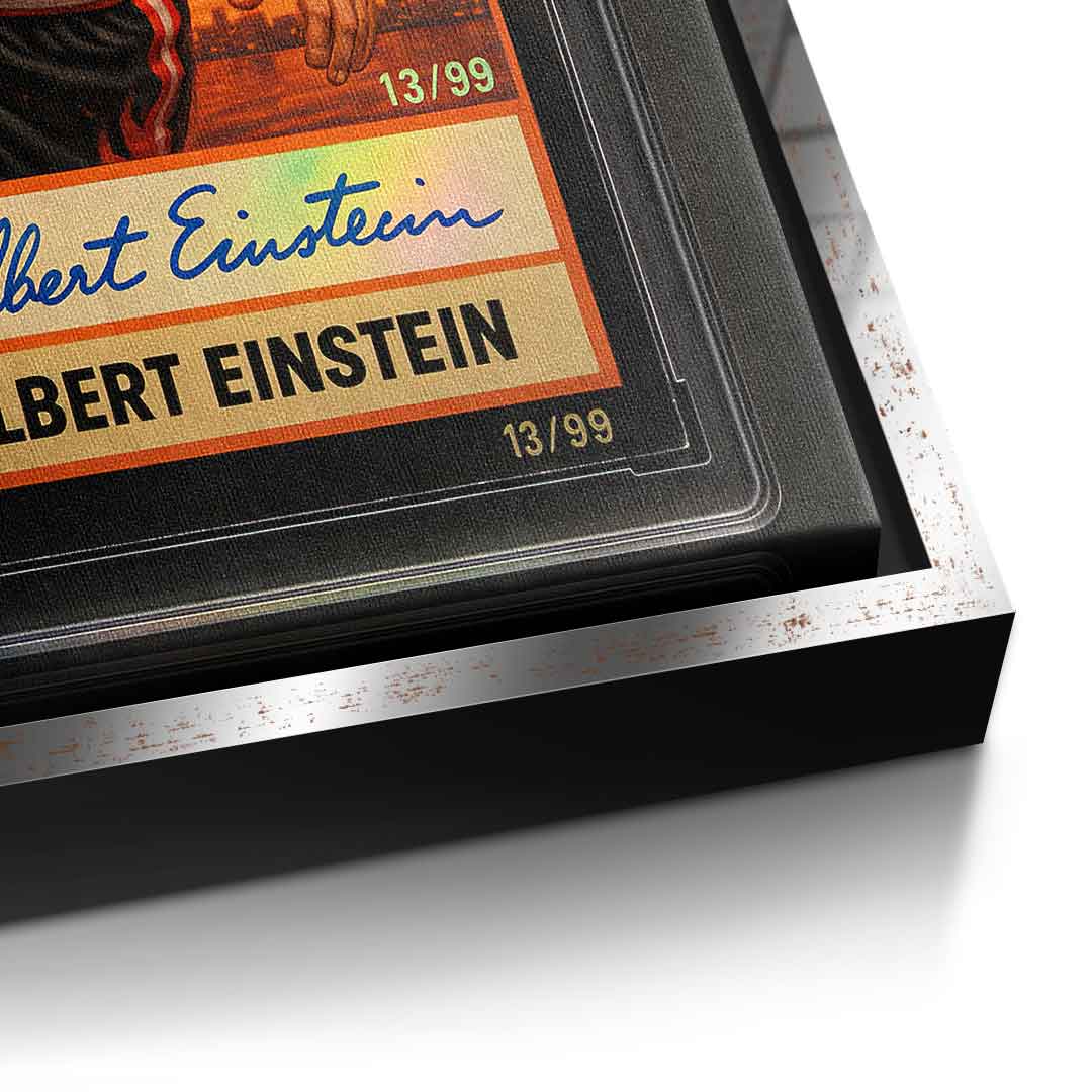 DOTCOMCANVAS Albert Einstein Basketball Card Pop Art Wandbild Leinwandbild Detailansicht silberner Rahmen
