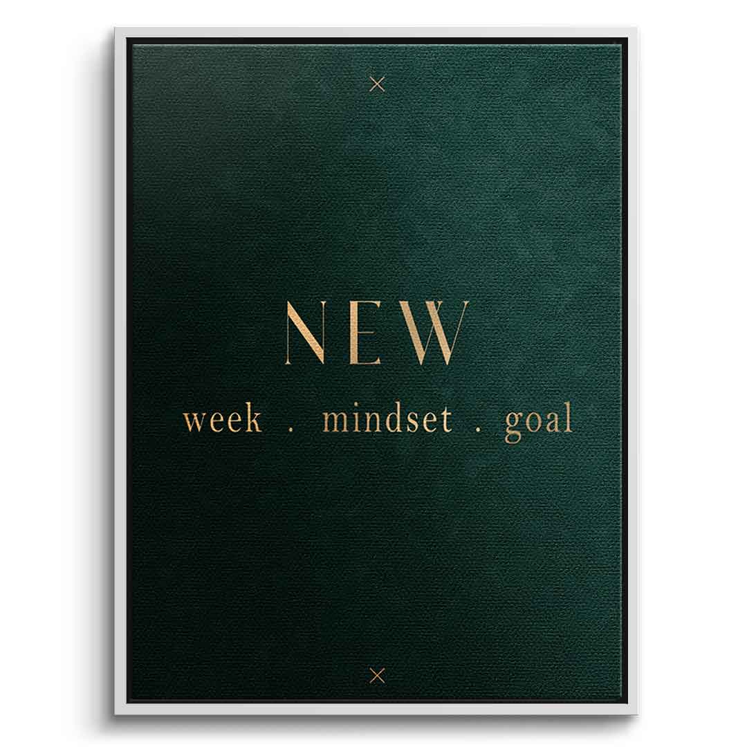 DOTCOMCANVAS NEW week, mindset, goal – motivierendes Typografie-Wandbild, goldene Serifen-Schrift auf dunkelgrünem Hintergrund – Leinwandbild Ansicht 3