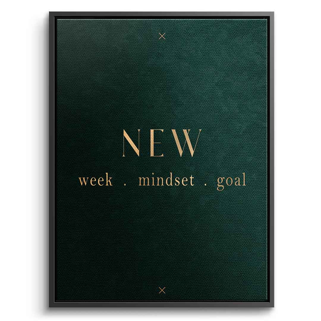 DOTCOMCANVAS NEW week, mindset, goal – motivierendes Typografie-Wandbild, goldene Serifen-Schrift auf dunkelgrünem Hintergrund – Leinwandbild Ansicht 4