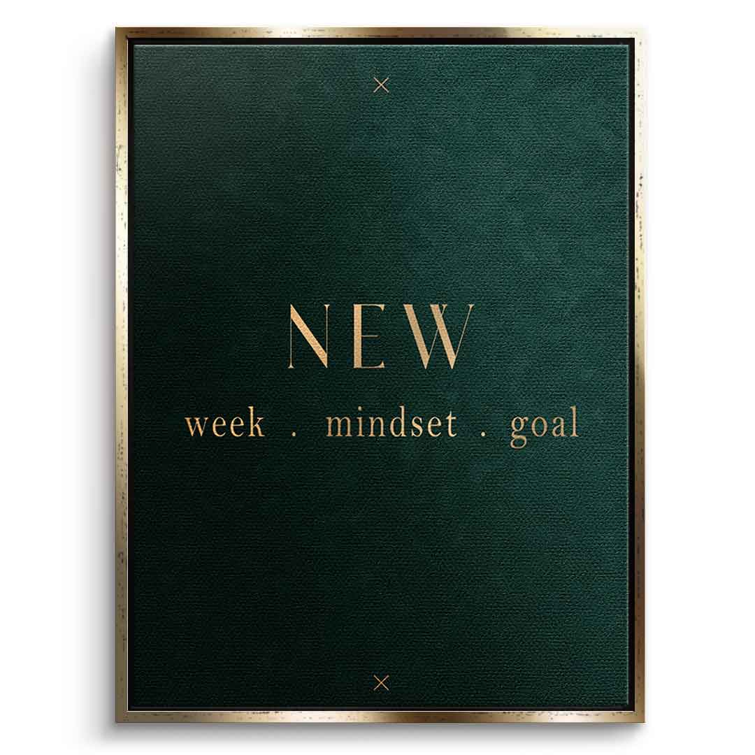 DOTCOMCANVAS NEW week, mindset, goal – motivierendes Typografie-Wandbild, goldene Serifen-Schrift auf dunkelgrünem Hintergrund – Leinwandbild Ansicht 6