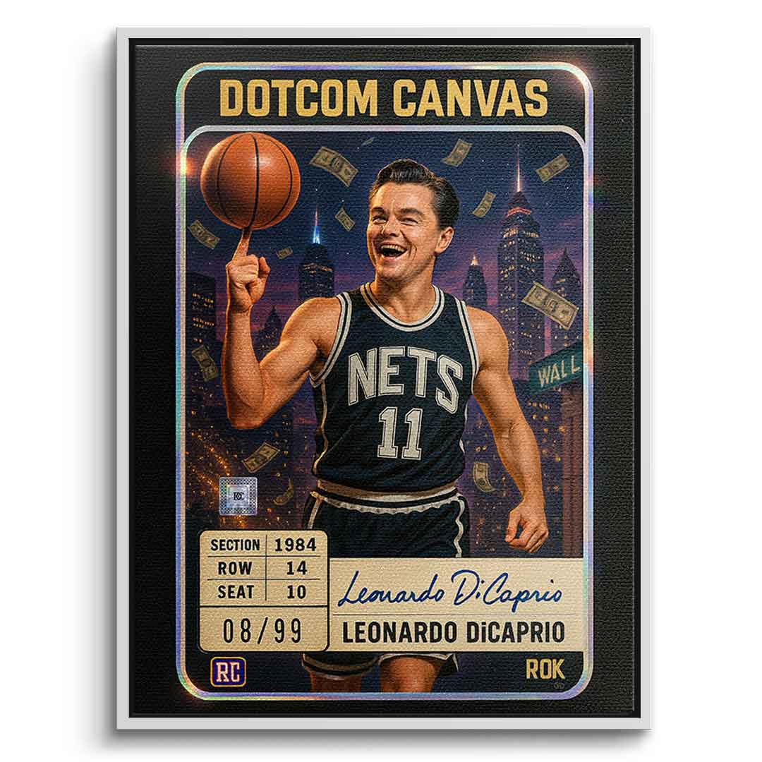 DOTCOMCANVAS Leo Dicaprio Basketball Card Leinwandbild Vorderansicht Weisser Rahmen