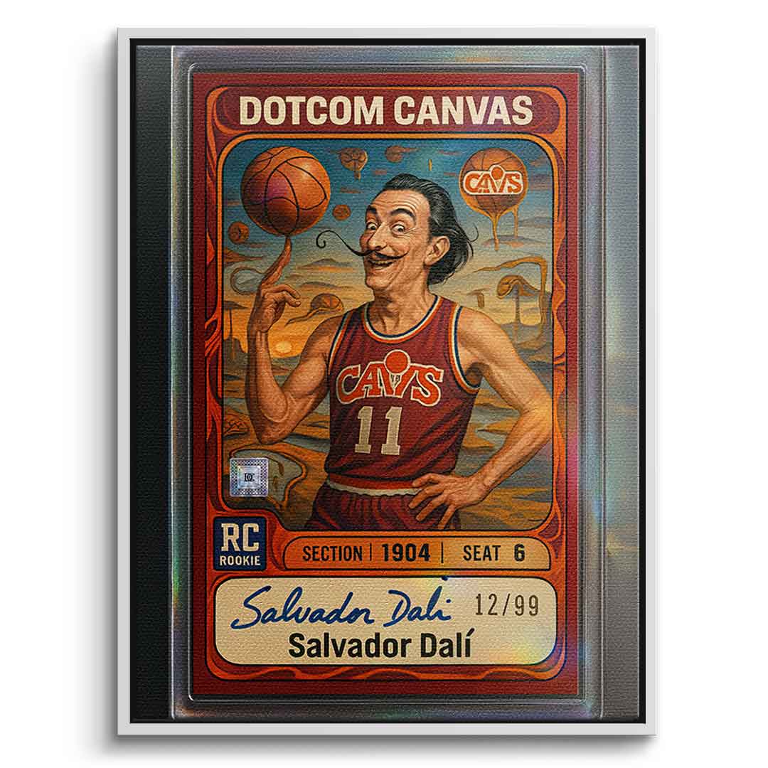 DOTCOMCANVAS® Salvador Dali Basketball Card Leinwandbild – Frontansicht mit weißem Premium-Rahmen