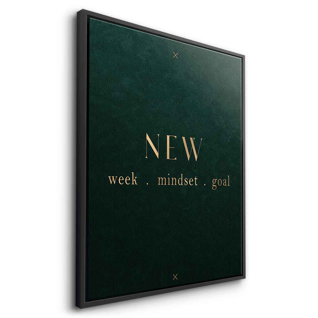 DOTCOMCANVAS NEW week, mindset, goal – motivierendes Typografie-Wandbild, goldene Serifen-Schrift auf dunkelgrünem Hintergrund – Leinwandbild Ansicht 9