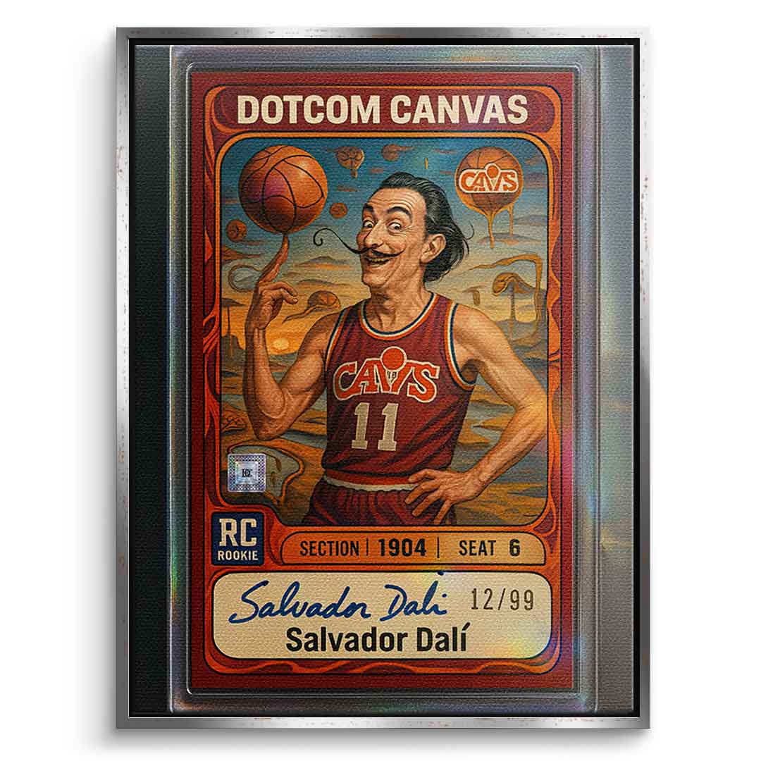 DOTCOMCANVAS® Salvador Dali Basketball Card Leinwandbild – Frontansicht mit silbernem Premium-Rahmen
