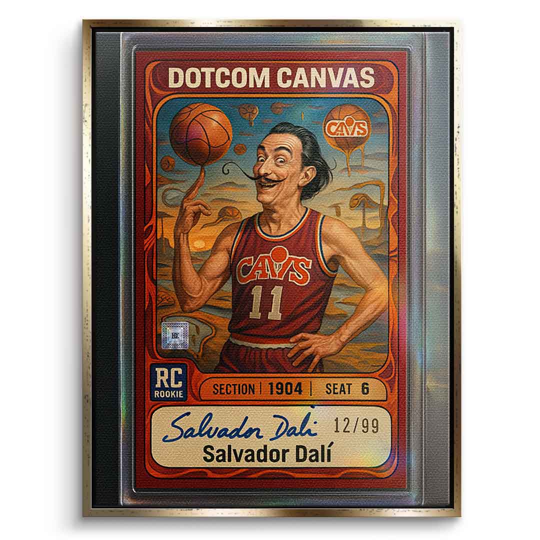 DOTCOMCANVAS® Salvador Dali Basketball Card Leinwandbild – Frontansicht mit goldenem Premium-Rahmen