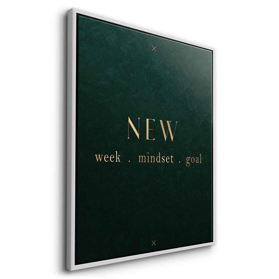 DOTCOMCANVAS NEW week, mindset, goal – motivierendes Typografie-Wandbild, goldene Serifen-Schrift auf dunkelgrünem Hintergrund – Leinwandbild Ansicht 10