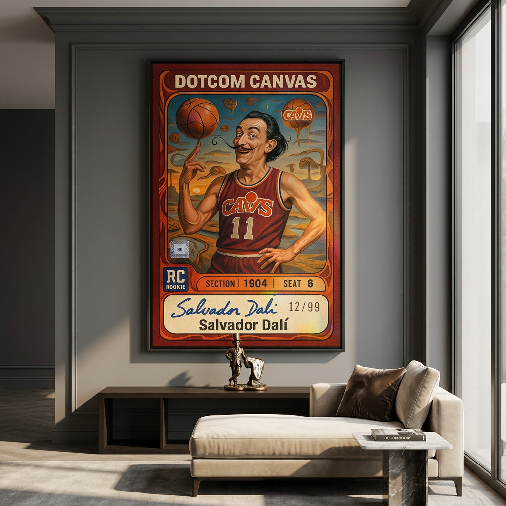 DOTCOMCANVAS® Salvador Dali Basketball Card Leinwandbild – Raum-Mockup im Wohnambiente
