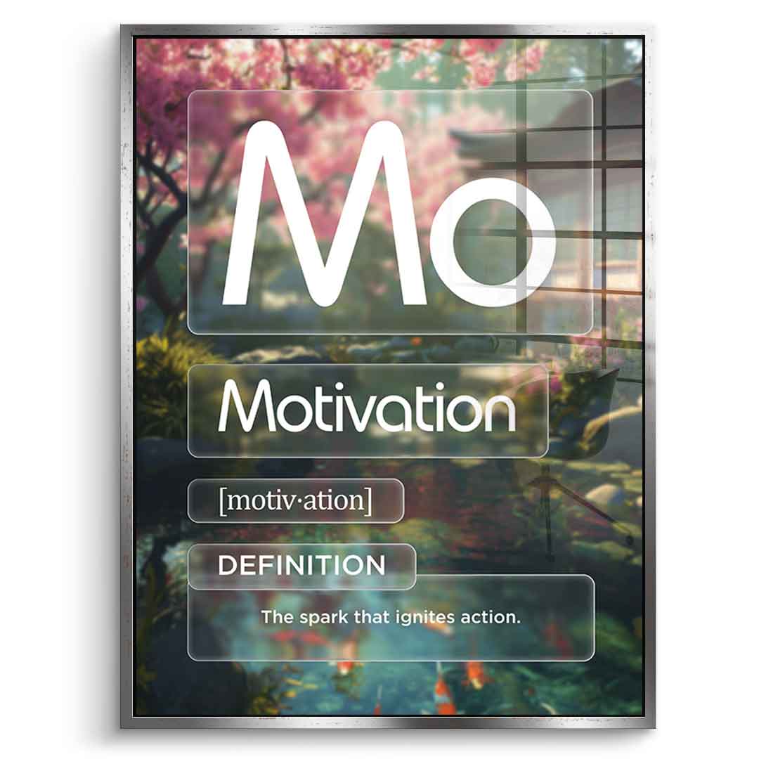 DOTCOMCANVAS® Motivation (Mo) Acrylglasbild Version Farbig – Vorderansicht Weißer Rahmen