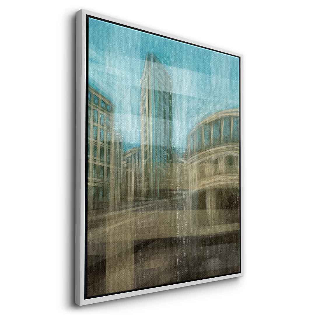 City in the Embrace of Golden Mist Leinwandbild Seitenansicht silberner Rahmen