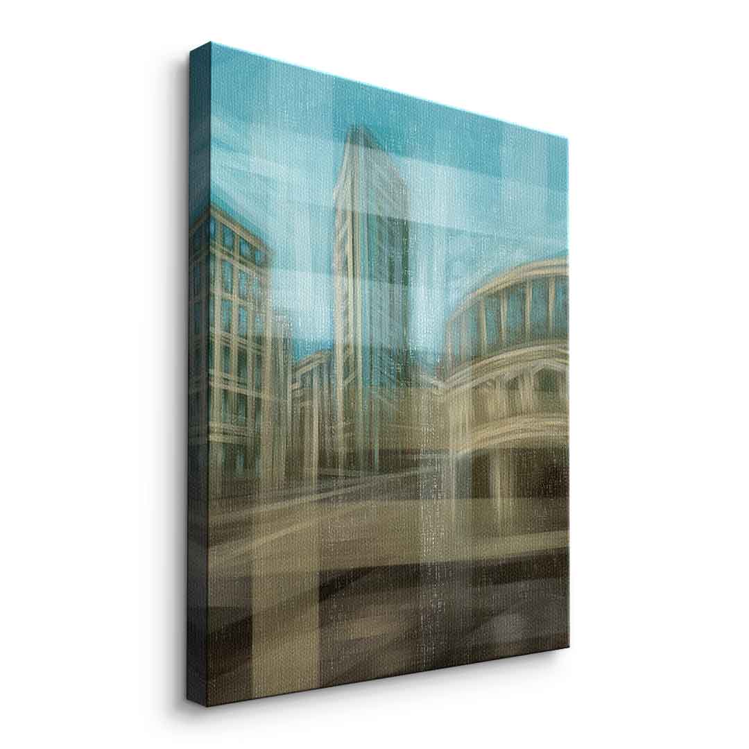 City in the Embrace of Golden Mist Leinwandbild Seitenansicht ohne Rahmen