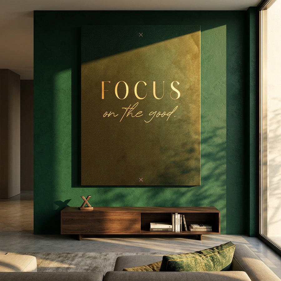 DOTCOMCANVAS FOCUS Leinwandbild – Raum-Mockup im Wohnzimmer, motivierendes Typografie-Wandbild