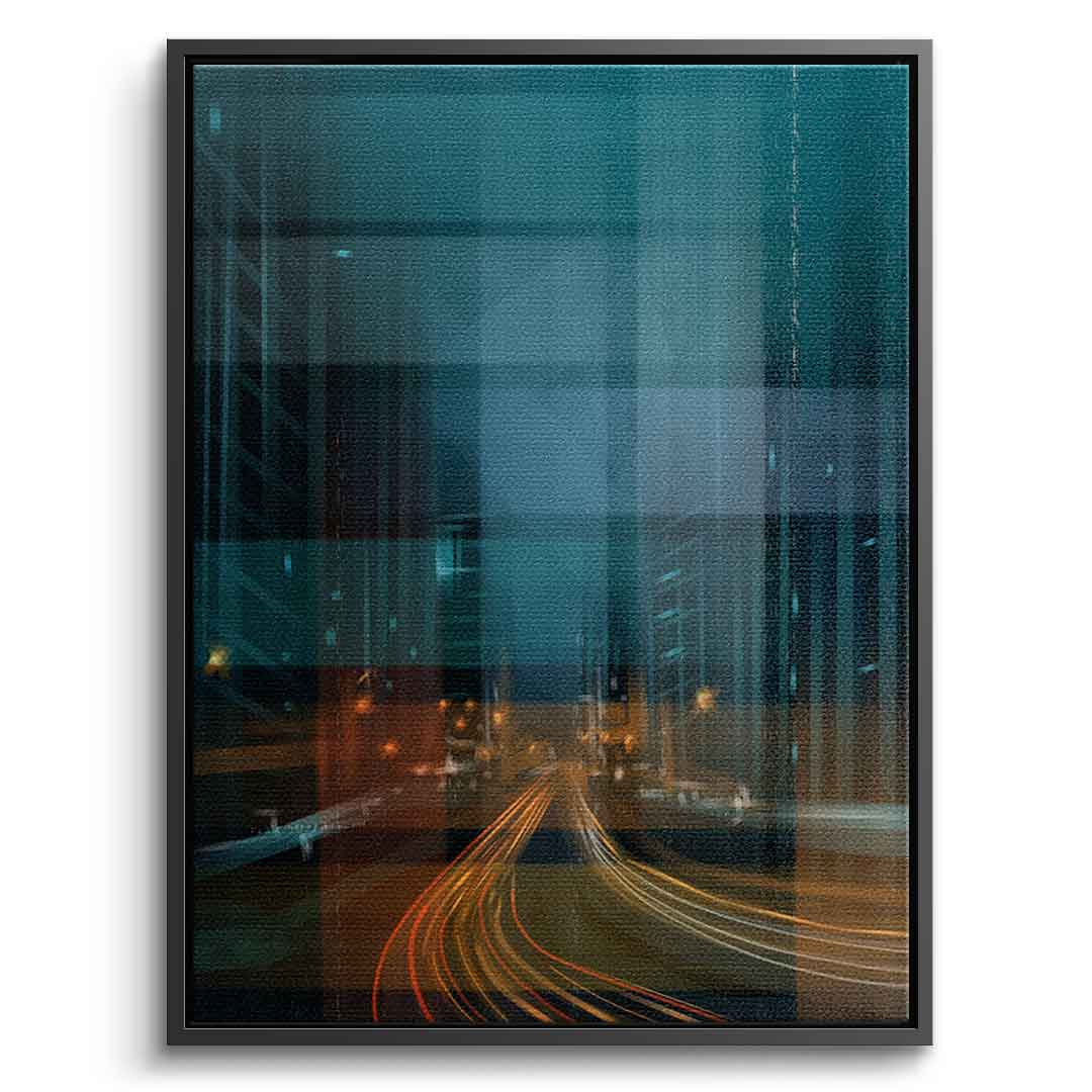 City in the Rhythm of Light Leinwandbild Vorderansicht schwarzer Rahmen