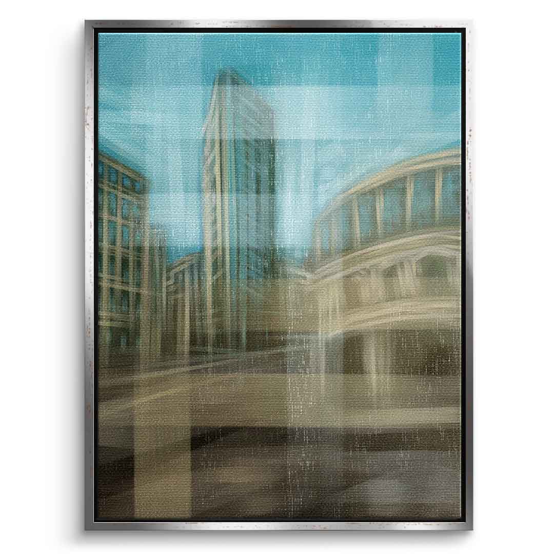 City in the Embrace of Golden Mist Leinwandbild Vorderansicht silberner Rahmen