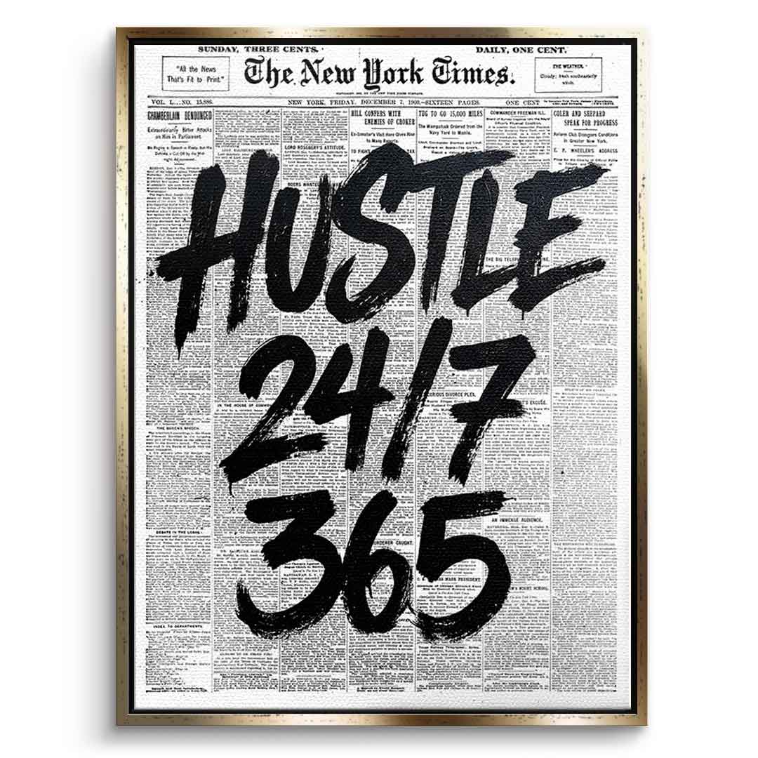 DOTCOMCANVAS Hustle 24/7 Leinwandbild Front Gold Rahmen