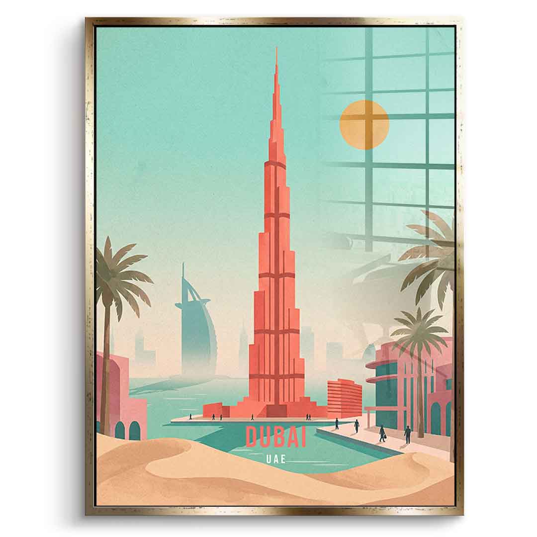 DOTCOMCANVAS Dubai Acrylglasbild Vorderansicht mit goldenem Rahmen