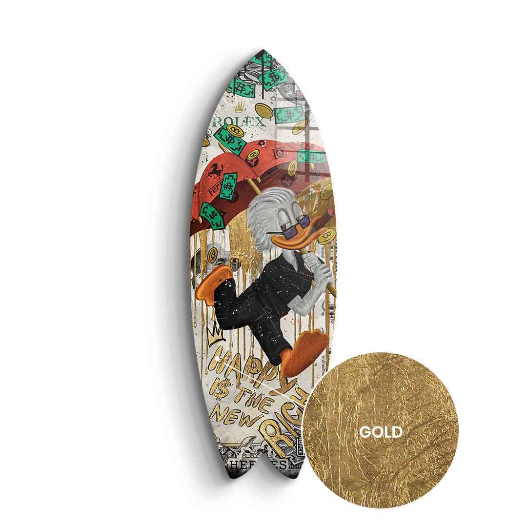 DOTCOMCANVAS 24K Feingold Bild Surfboard Happy is the new Rich - 24K Feingold