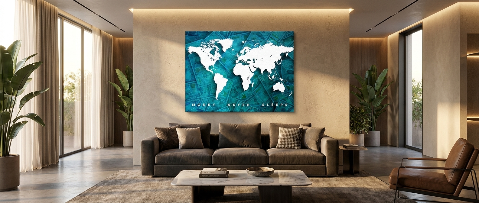 DOTCOMCANVAS Money in World Never Sleeps Leinwandbild Banner
