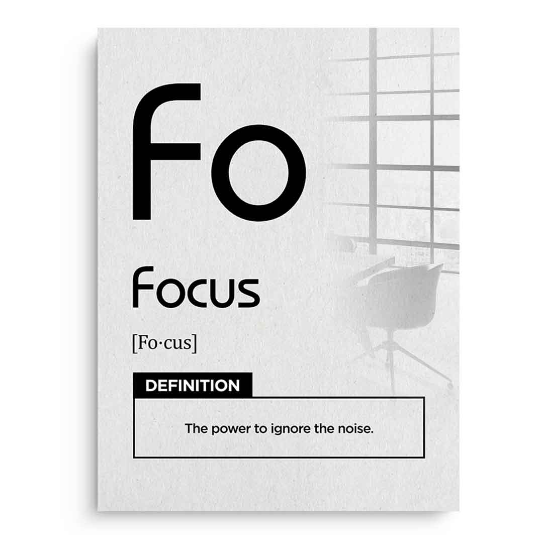 DOTCOMCANVAS® Focus (Fo) Acrylglasbild Version Weiß – Vorderansicht Schwarzer Rahmen
