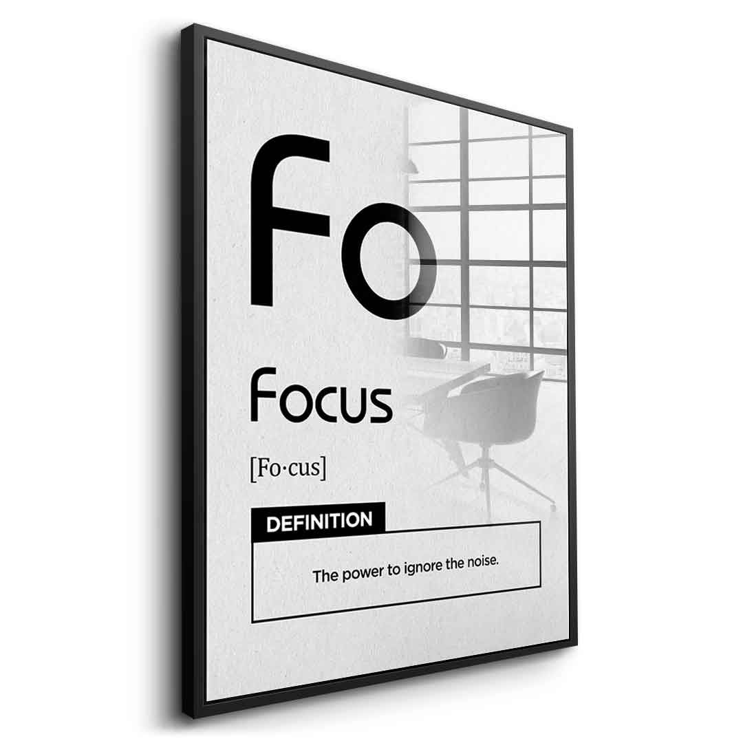 DOTCOMCANVAS® Focus (Fo) Acrylglasbild Version Weiß – Vorderansicht Goldener Rahmen