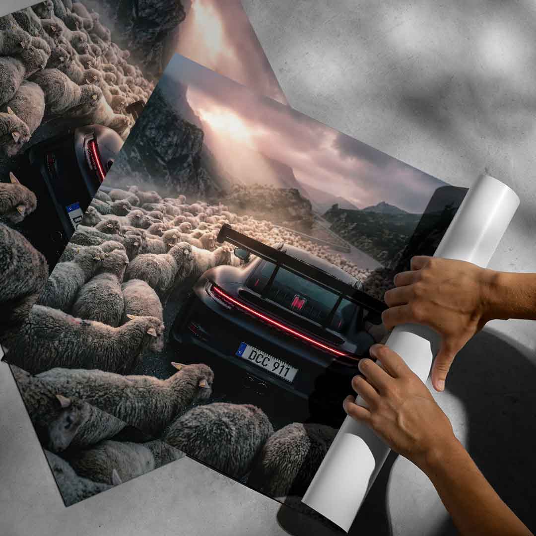 Porshe & Sheeps Poster aufgerollt