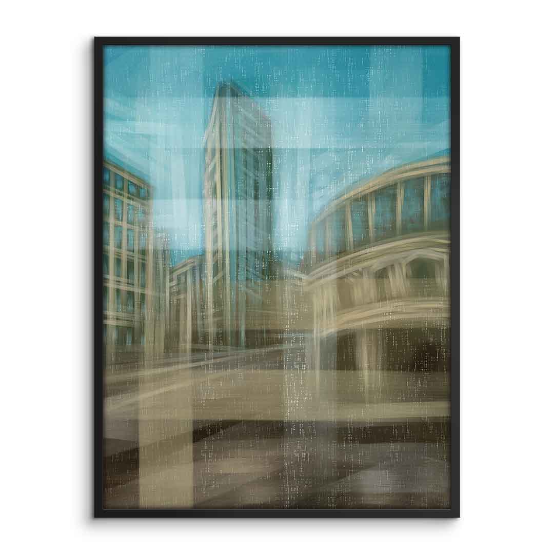 City in the Embrace of Golden Mist Poster gerahmte Vorderansicht