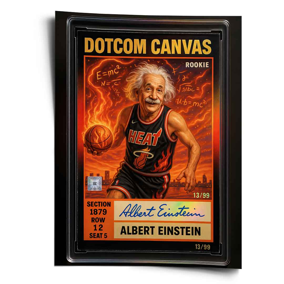 DOTCOMCANVAS Albert Einstein Basketball Card Pop Art Wandbild Poster Frontansicht – Albert Einstein als Miami-Heat-Rookie-Sammelkarte