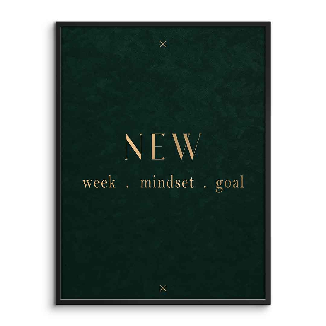 DOTCOMCANVAS NEW week, mindset, goal – motivierendes Typografie-Wandbild, goldene Serifen-Schrift auf dunkelgrünem Hintergrund – Poster Ansicht 3