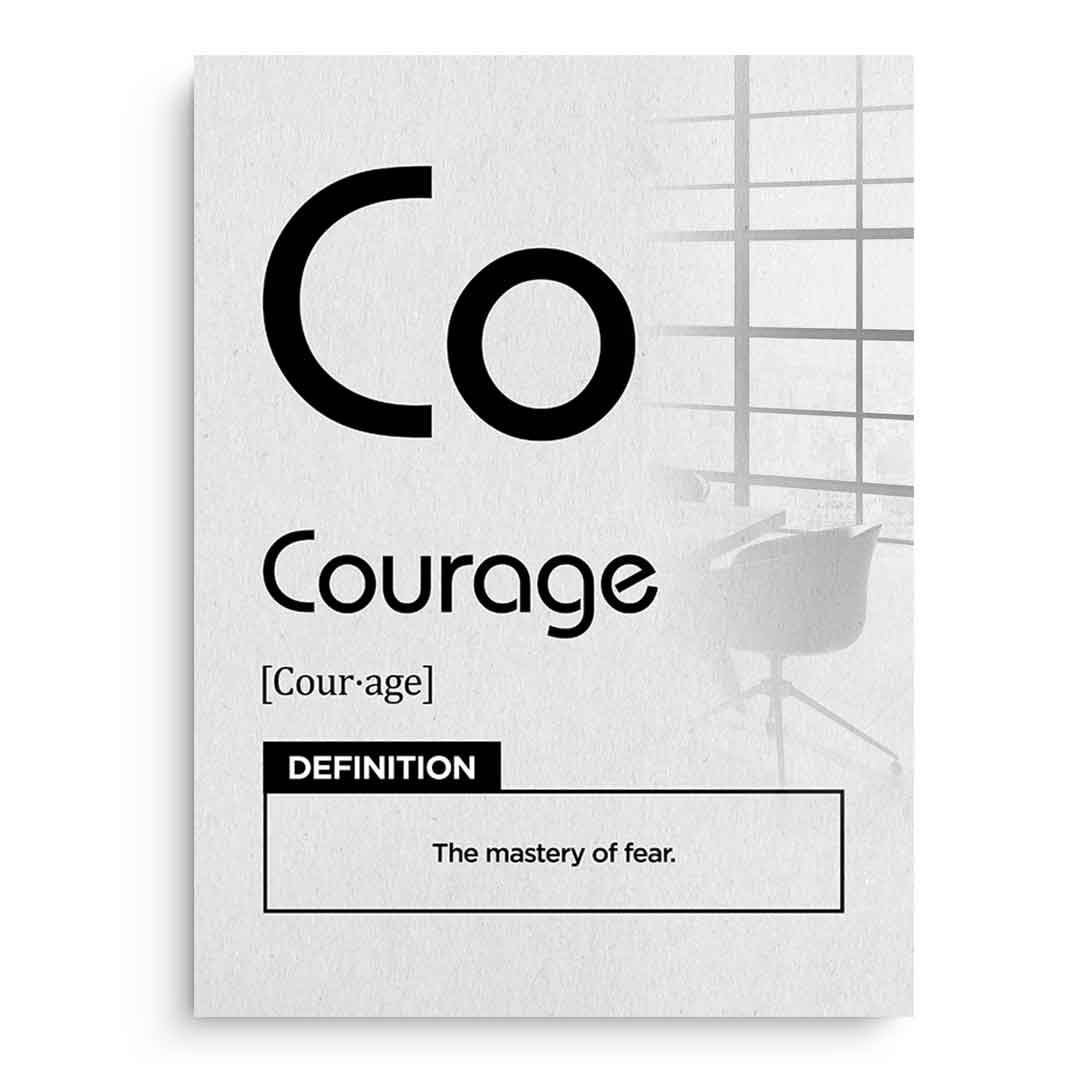 DOTCOMCANVAS® Courage (Co) Acrylglasbild Version Weiß – Vorderansicht Schwarzer Rahmen