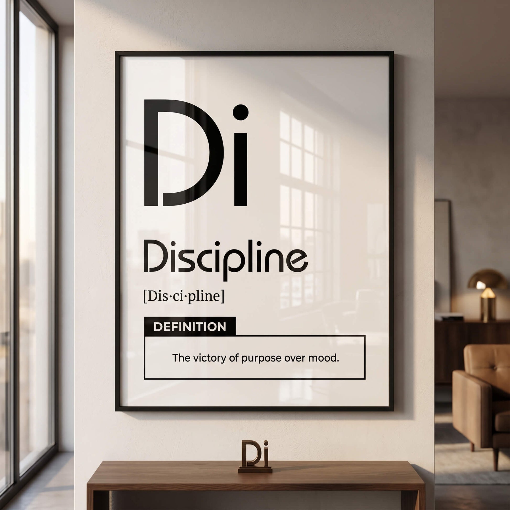 DOTCOMCANVAS® Discipline (Di) Acrylglasbild Version Weiß – Raum-Mockup
